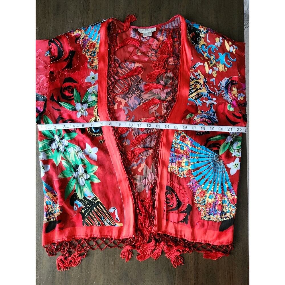Aria A Vintage Beaded Tassels Silk Blend Floral Kimono Red Multicolor Gipsy Boho - Picture 7 of 9